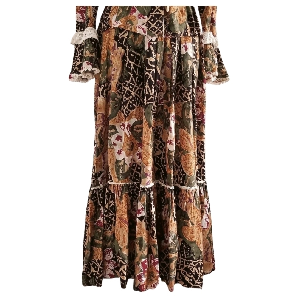 🇨🇦 90s Vintage Earthy Tones Dark Floral Tiered Corset Skirt With Lace Details - Picture 2 of 6